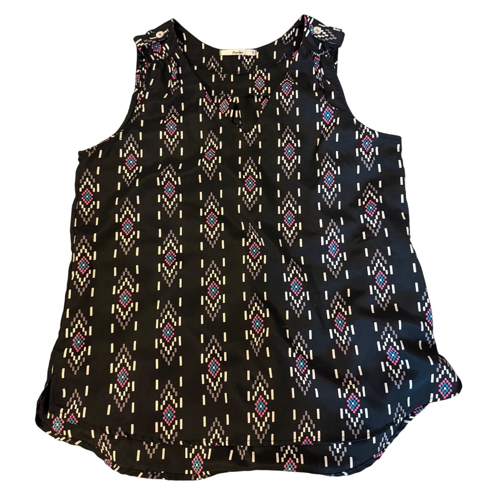 Papaya Womens Sleeveless Geometric Ikat Tribal Print Blouse Black Pink Blue